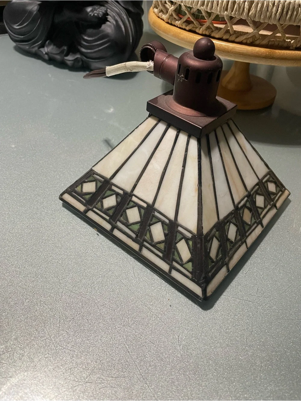 Stained Glass Pyramid Lantern Shade - White & Bronze Accent